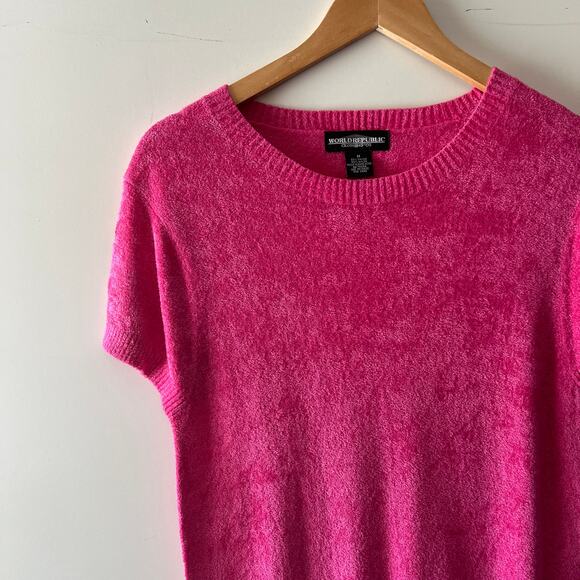 Vintage 90s World Republic Soft Knit Hot Pink Terry Cloth Top Med - Picture 6 of 6